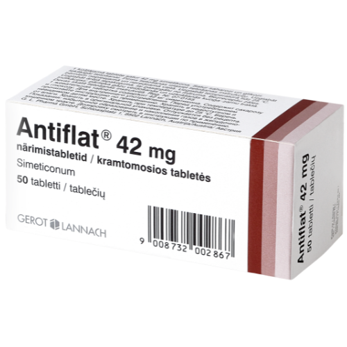 Vaistas spazmams sumažinti Nuo dujų susidarymo žarnyne ANTIFLAT 42 mg, 50 kramtomūjų tablečių | Mano Vaistinė Vaistas spazmams sumažinti Nuo dujų susidarymo žarnyne ANTIFLAT 42 mg, 50 kramtomūjų tablečių | Mano Vaistinė