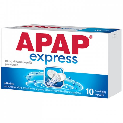 Lengvo ar vidutinio stiprumo skausmo, karščiavimo malšinimui Skausmui, karščiavimui APAP EXPRESS 500 mg, 10 minkštų kapsulių | Mano Vaistinė