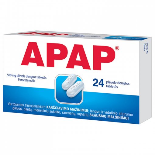 Lengvo ar vidutinio stiprumo skausmo, karščiavimo malšinimui Skausmui, karščiavimui APAP 500 mg, 24 tab. | Mano Vaistinė