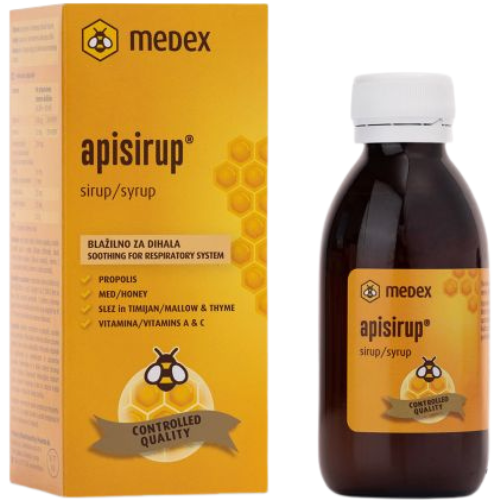 Sudėtyje yra bičių pikio (propolio), medaus Sirupas kvėpavimo takų funkcijai palaikyti, APISIRUP, 140 ml | Mano Vaistinė