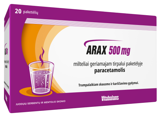 Milteliai geriamajam tirpalui paketėlyje nuo karščiavimo ir skausmo ARAX 500 mg, 20 vnt. | Mano Vaistinė Milteliai geriamajam tirpalui paketėlyje nuo karščiavimo ir skausmo ARAX 500 mg, 20 vnt. | Mano Vaistinė