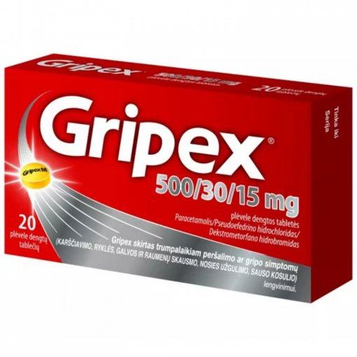 Peršalimo arba gripo simptomų lengvinimui Peršalimo siptomams GRIPEX, 500/30/15mg, 20 tab. | Mano Vaistinė