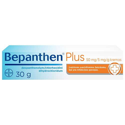 Vaistas paviršinių žaizdų gijimui Bepanthen plus 50 mg/5 mg/g kremas 30 g, paviršinėms odos žaizdoms | Mano Vaistinė