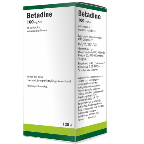 Antimikrobinis, dezinfekuojantis vaistas. Odos tirpalas BETADINE 100mg/ml, 120ml  | Mano Vaistinė