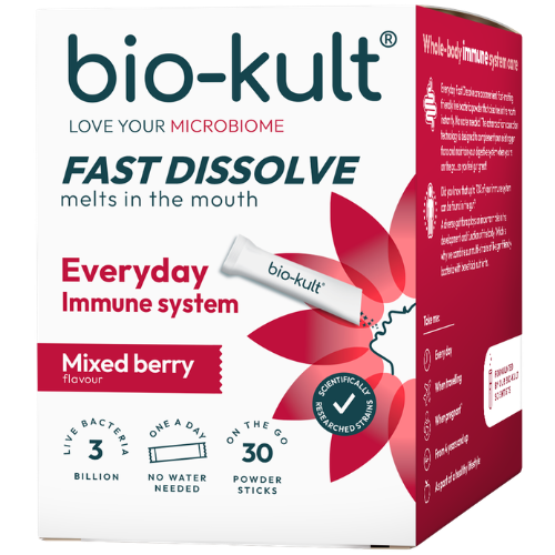 Papildytas vitaminais C ir D Pieno rūgšties bakterijų kompleksas, uogų skonio BIO-KULT EVERYDAY IMMUNE, 30 pak. | Mano Vaistinė