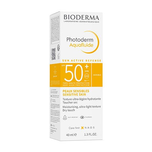 Itin lengvos, skystos tekstūros aukščiausia apsauga nuo saulės visų tipų odai. Apsauginis kremas nuo saulės visų tipų odai BIODERMA  PHOTODERM AQUAFLUIDE SPF50+, 40 ml  | Mano Vaistinė