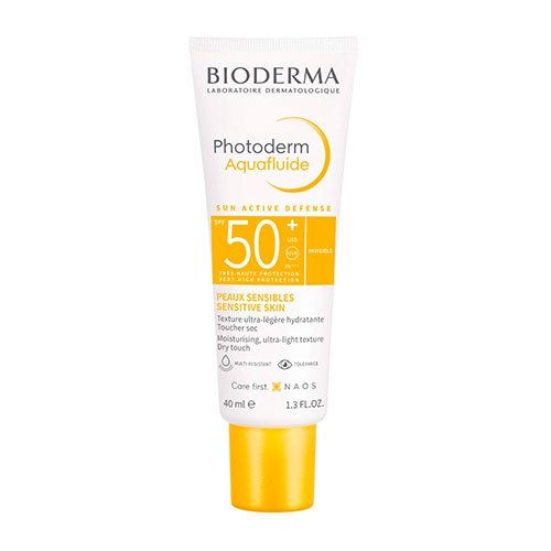 Itin lengvos, skystos tekstūros aukščiausia apsauga nuo saulės visų tipų odai. Apsauginis kremas nuo saulės visų tipų odai BIODERMA  PHOTODERM AQUAFLUIDE SPF50+, 40 ml  | Mano Vaistinė