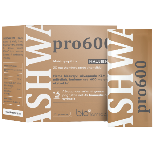 Stiprus ir grynas biokatyvus ašvagandos ekstraktas Ašvaganda KSM-66 ASHWA PRO 600 mg, 28 pak. | Mano Vaistinė