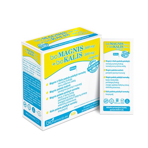 Maisto papildas, kalcio ir magnio preparatas BioMagnis 300 mg + BioKalis 300 mg Disperse, N30 | Mano Vaistinė