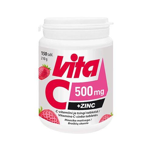Vitaminas C su cinku (kompleksas) Braškių skonio vitaminai VITA C 500 mg + ZINC, 150 kramtomų tab. | Mano Vaistinė