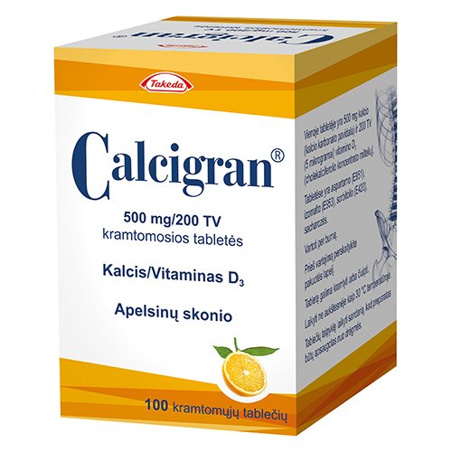 Kalcio ir vitamino D preparatas  Calcigran 500 mg kramtomosios tabletės, N100 | Mano Vaistinė