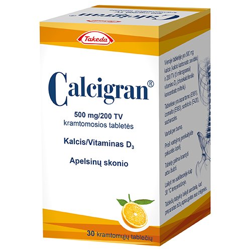 Kalcio ir vitamino D preparatas Calcigran 500 mg kramtomosios tabletės, N30 | Mano Vaistinė