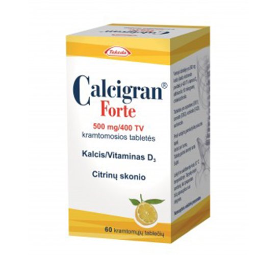 Vitaminas ar mineralinė medžiaga Calcigran Forte 500 mg/400 TV kramtomosios tabletės (citrinų skonio), N60 | Mano Vaistinė