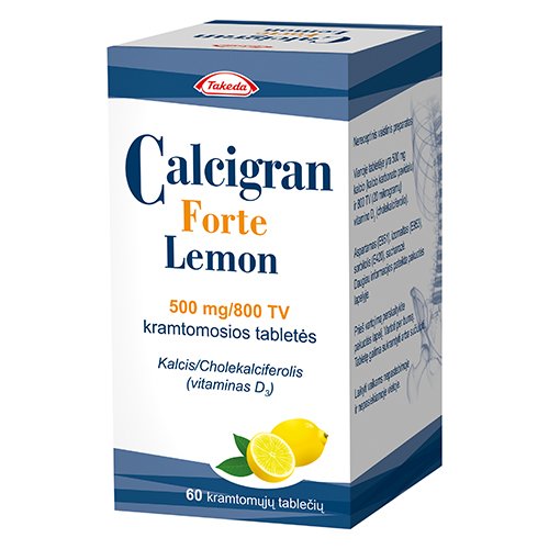Vitaminas, mineralinė medžiaga Calcigran Forte 500mg  / 800 kramtomosios tabletės (citrinų skonio), N60 | Mano Vaistinė