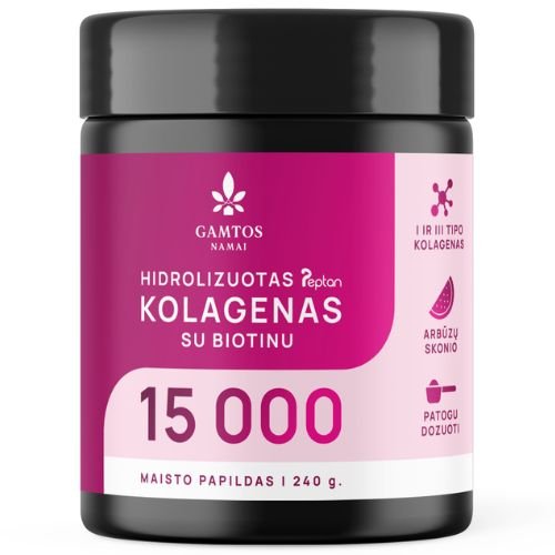 Sąnarių funkcionalumui palaikyti Hidrolizuotas kolagenas arbūzų skonio GAMTOS NAMAI 15 000, 260 g | Mano Vaistinė Sąnarių funkcionalumui palaikyti Hidrolizuotas kolagenas arbūzų skonio GAMTOS NAMAI 15 000, 260 g | Mano Vaistinė