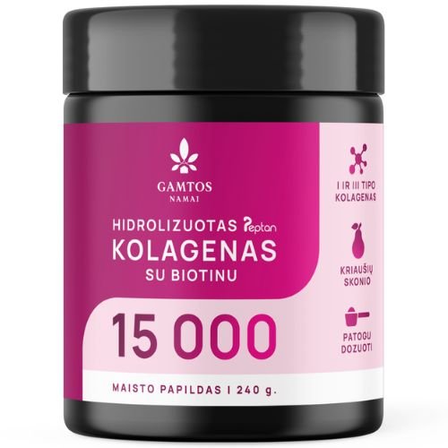 Grožiui bei sąnarių funkcionalumui  Hidrolizuotas kolagenas kriaušių skonio 15 000 GAMTOS NAMAI, 240 g | Mano Vaistinė