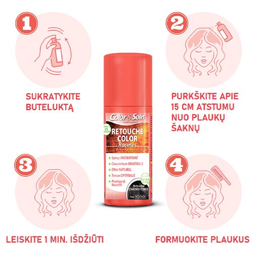 Greitai paslepia žilas ir ataugusias plaukų šaknis Purškiami dažai plaukų šaknims COLOR & SOIN RETOUCHE, juodi (1N-2A), 75 ml | Mano Vaistinė