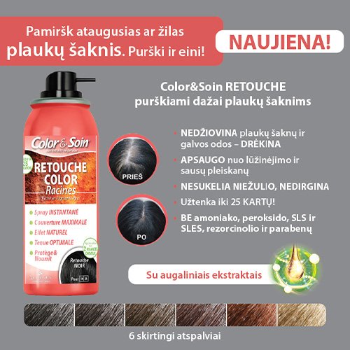 Greitai paslepia žilas ir ataugusias plaukų šaknis Purškiami dažai plaukų šaknims COLOR & SOIN RETOUCHE, Nr.6N-6B-6G-6A, 75ml | Mano Vaistinė