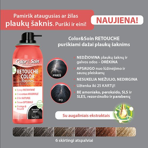 Greitai paslepia žilas ir ataugusias plaukų šaknis Purškiami dažai plaukų šaknims COLOR & SOIN RETOUCHE, Nr.5N-5B-5GM-5G-4G, 75ml | Mano Vaistinė