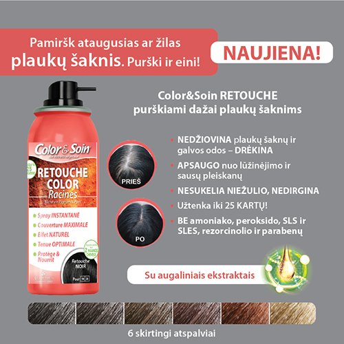 Greitai paslepia žilas ir ataugusias plaukų šaknis Purškiami dažai plaukų šaknims COLOR & SOIN RETOUCHE, Nr.8C-7C-7GC-11R-9R-10R, 75ml | Mano Vaistinė