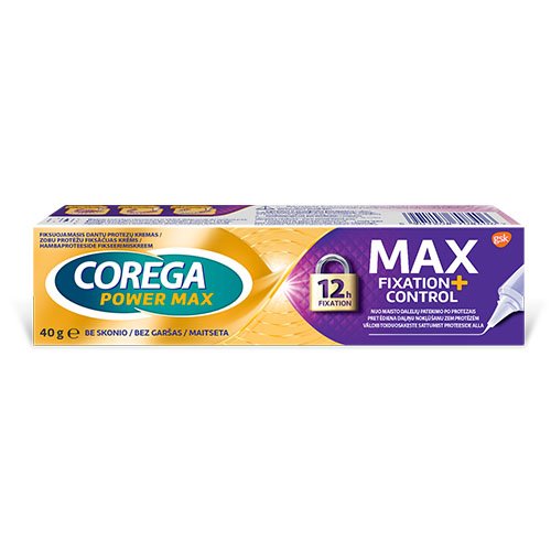 Fiksuojamasis kremas dantų protezams COREGA MAX FIXATION + CONTROL, 40g | Mano Vaistinė