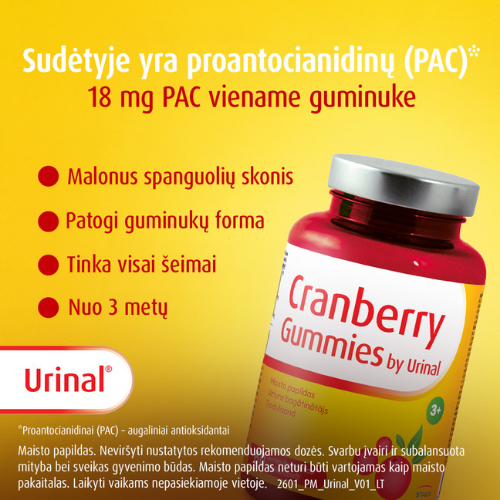 Tik 2 guminukai per dieną! Guminukai šlapimo sistemai URINAL CRANBERRY GUMMIES, 60 vnt. | Mano Vaistinė