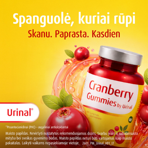 Tik 2 guminukai per dieną! Guminukai šlapimo sistemai URINAL CRANBERRY GUMMIES, 60 vnt. | Mano Vaistinė