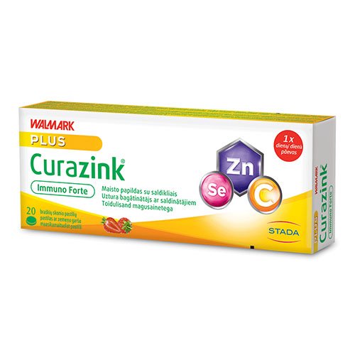 3 savaičių kursas. Braškių skonio Vitamino C, cinko ir seleno kompleksas CURAZINK IMMUNO FORTE, 20 pastilių | Mano Vaistinė
