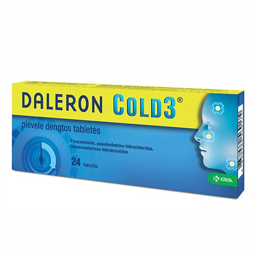 Vaistas nuo peršalimo, gripo, esant užgultai nosiai ar kosuliui Daleron Cold 3 tabletės, N24 | Mano Vaistinė