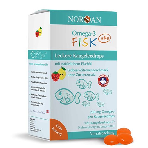 Braškių citrinų skonio guminukai NORSAN OMEGA-3 FISK JELLY, 120 guminukų | Mano Vaistinė