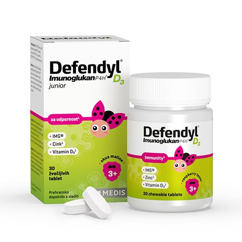 Defendyl-Imunoglukan P4H D3 junior (aviečių skonio) kramtomosios tabletės N30 | Mano Vaistinė