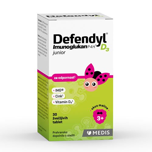 Defendyl-Imunoglukan P4H D3 junior (aviečių skonio) kramtomosios tabletės N30 | Mano Vaistinė