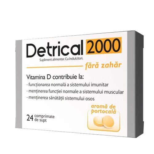 Vitaminas D, apelsinų skonio pastilės DETRICAL 2000IU, 24 vnt. | Mano Vaistinė