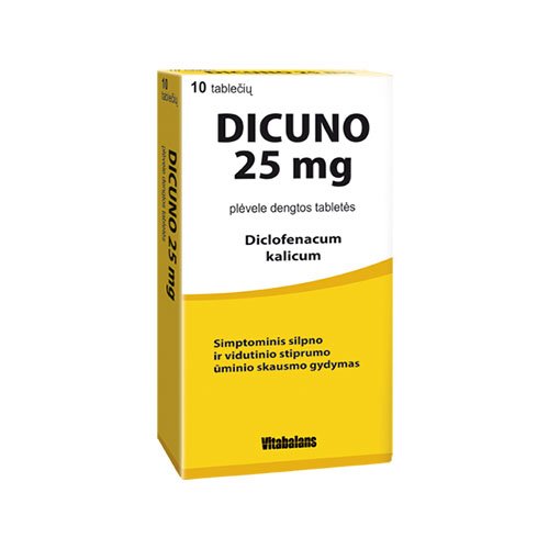 Diklofenako kalio druska, vaistai nuo skausmo ir uždegimo Dicuno 25mg plėvele dengtos tab.N10 | Mano Vaistinė