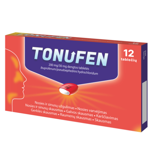 Ibuprofenas / pseudoefedrino hidrochloridas Peršalimo ir gripo simptomams TONUFEN, 200 mg / 30 mg 12 tab. | Mano Vaistinė Ibuprofenas / pseudoefedrino hidrochloridas Peršalimo ir gripo simptomams TONUFEN, 200 mg / 30 mg 12 tab. | Mano Vaistinė