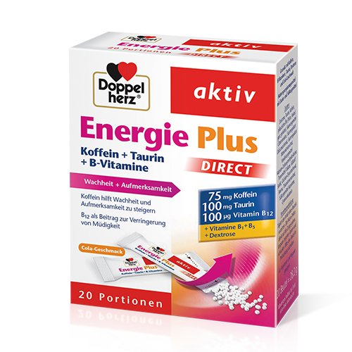 Maisto papildai energijai Doppelherz aktiv Energie - Energie Plus DIRECT  Koffein+ Taurin+B-Vitamine granulės N20 | Mano Vaistinė