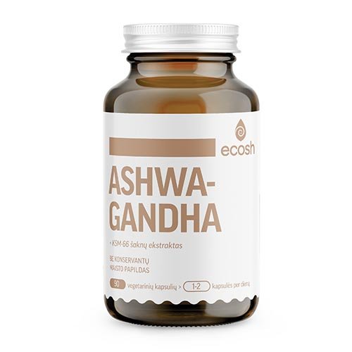ECOSH Ašvaganda (Ashwagandha) 400 mg su KSM-66 šaknų ekstraktu, 90 kapsulių | Mano Vaistinė