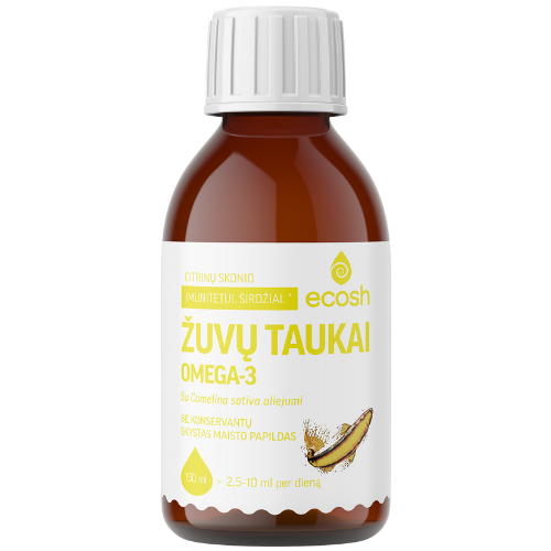Žuvų taukai su camelina sativa aliejumi ECOSH, citrinų skonio, 150 ml | Mano Vaistinė