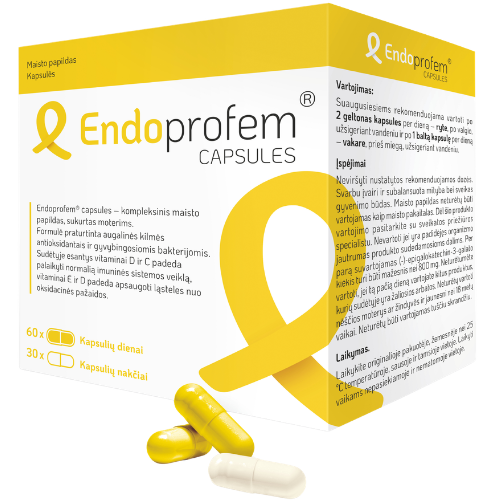 Pakuotėje yra dviejų rūšių kapsulės (skirtos dienai ir nakčiai) Moterų reprodukcinei sistemai ENDOPROFEM CAPSULES  60+30 kaps. | Mano Vaistinė