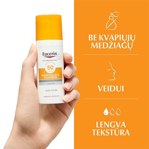 Apsauga nuo saulės EUCERIN  Sun fluidas nuo saulės ir fotosenėjimo SPF50 50ml  | Mano Vaistinė