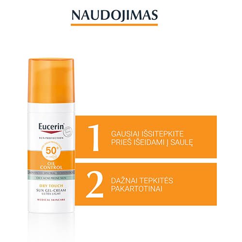 Eucerin Sun kreminis gelis nuo saulės veidui Dry Touch SPF50+ 50ml  | Mano Vaistinė