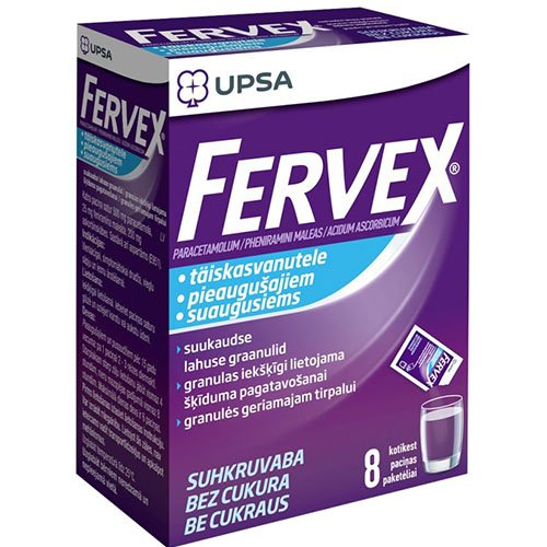 Skausmą, karščiavimą mažinantis vaistas Fervex granulės geriamajam tirpalui be cukraus, N8 | Mano Vaistinė