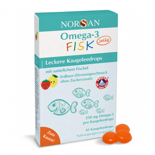 Braškių citrinų skonio guminukai NORSAN OMEGA-3 FISK JELLY, 45 guminukai | Mano Vaistinė