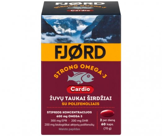 Polifenolių ir riebalų rūgščių EPR ir DHR kombinacija širdies veiklai Žuvų taukai širdžiai FJORD STRONG OMEGA-3 CARDIO, 60 kapsulių | Mano Vaistinė