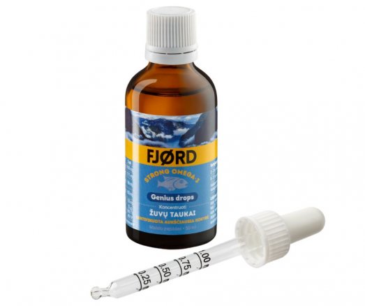 Tokie stiprūs žuvų taukai, kad užtenka vos 1 ml lašų per dieną. Žuvų taukai imunitetui, smegenų veiklai FJORD STRONG OMEGA-3 GENIUS, 50 ml | Mano Vaistinė