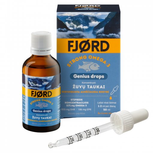 Tokie stiprūs žuvų taukai, kad užtenka vos 1 ml lašų per dieną. Žuvų taukai imunitetui, smegenų veiklai FJORD STRONG OMEGA-3 GENIUS, 50 ml | Mano Vaistinė