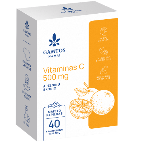 Vitaminas C 500 mg, GAMTOS NAMAI, 40 kramtomųjų tablečių | Mano Vaistinė