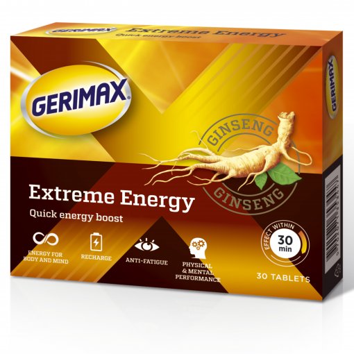Poveikis pasireiškia per 30 minučių Energijai GERIMAX EXTREME ENERGY, 30 tab. | Mano Vaistinė