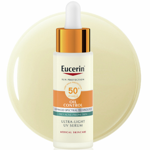 Kasdienis UV serumas užtikrina ilgalaikį matinės odos efektą Lengvas kasdienis serumas EUCERIN SUN OIL CONTROL SPF 50+, 30 ml | Mano Vaistinė