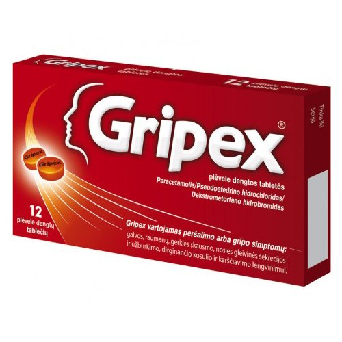 Vaistas nuo peršalimo GRIPEX 325 mg/30mg/10 mg plėvele dengtos tabletės, N12 | Mano Vaistinė